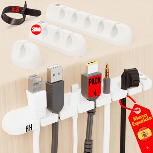 HABITUX - Organizador Cables Escritorio – Sujeta Cables Adhesivo 3M, Pack 4 PCS – Organizador de Cables Mesa, Soporte para Cable, Cable Management, Accesorios Escritorio (Blanco)