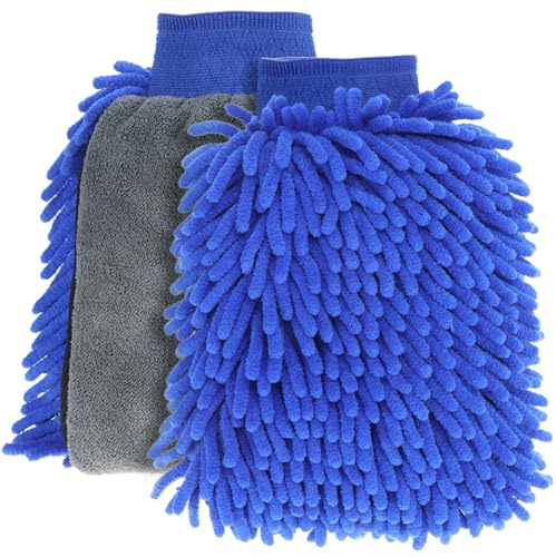 QWORK® Set de 2 Guantes de Lavado de Coche sin rayones, 3 EN 1 (Chenille/Malla/Samsón de Coral), Forro Impermeable Mantiene Las Manos secas.
