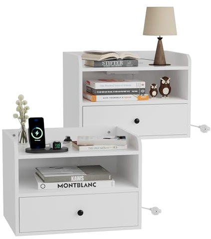 BonVache Nachttisch Hängend 2er Set, Steckdosen und Ports, Nachttische Wandmontage mit Offener Raum und Schubladen, für Wohnzimmer, Schlafzimmer, Weiß