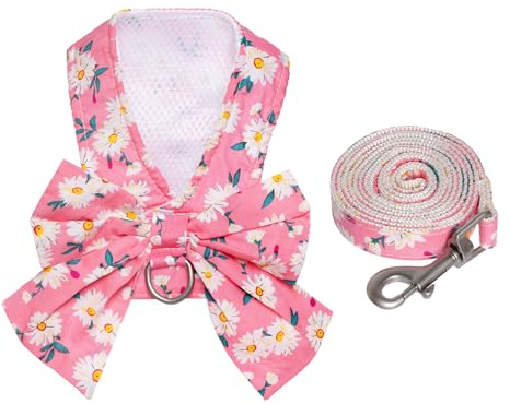 YKYUASD Hundegeschirr und Leine, verstellbar, Welpengeschirr, Netzweste, Set, Schleife, Knoten, Haustierkleidung für kleine Mädchen, Hunde, Katzen, Sommer, Rosa, Größe L