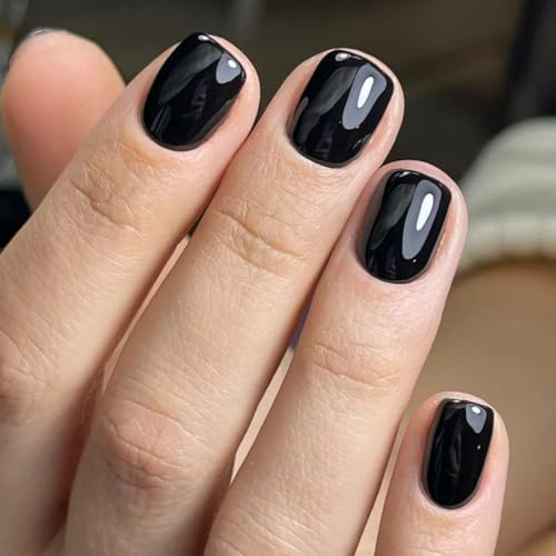 Black Fake Nails - 24pcs Short Square False Nails With Glue - Press On Nails - Removable Elegant Nail Tips - Full Cover Stick On Nail For Halloween Women Diy Nail Art Daily Accessories Gift