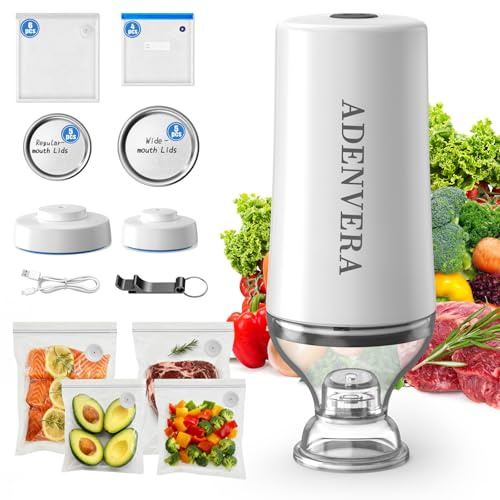 ADENVERA Compact Vacuum Sealer for Food — Electric Mason Jar Vacuum Sealer Kit & Handheld Sealer with 10 Reusable Bags & 10 Mason Jar Lids, Portable Rechargeable, Smart Auto-Stop, White