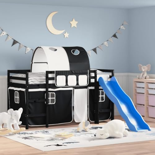 Qnhdfrt Kinderhochbett aus Kiefernholz mit Rutsche und Vorhang-Set 80x200 cm Spielbett mit Sicherheitsgeländer und Stauraum für Kinderzimmer