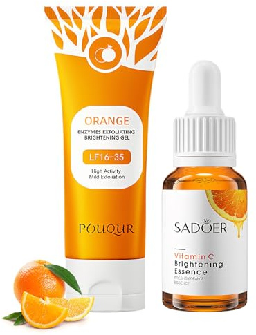 Natürliches Orange Peeling Gel 100g + Vitamin C Serum Gesicht 30ml Set | Gentle Exfoliating & Feuchtigkeitspflege | Orange Gesicht Reinigung Peeling & Vitamin C Serum für Strahlende Glatte Haut