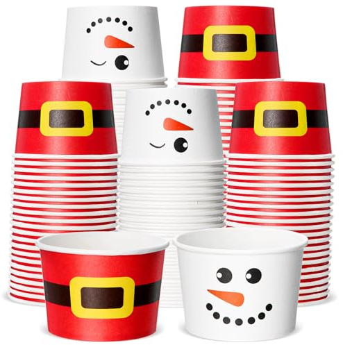 Jingmore 100 Pcs 8 oz Christmas Treat Snack Cups Red Santa Claus Snowman Disposable Bowls Ice Cream Dessert Treat Paper Bowls for Hot Iced Food Winter Christmas Holiday Party Supplies
