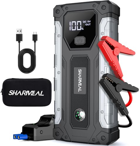 SHARMEAL 5000A Jump Starter Power Pack, 12V Car Jump Starter Power Bank (up to 10.0L Gas or 9.0L Diesel Engine), Portable Car Starter with LED Flashlight, Jump Pack with Jump Leads