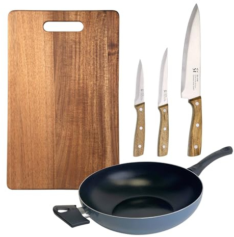 Wok de Ø30cm Aluminio prensado color Azul + 3 Cuhillos en acero inoxidable + Tabla de corte 40x25cm NOIA San Ignacio