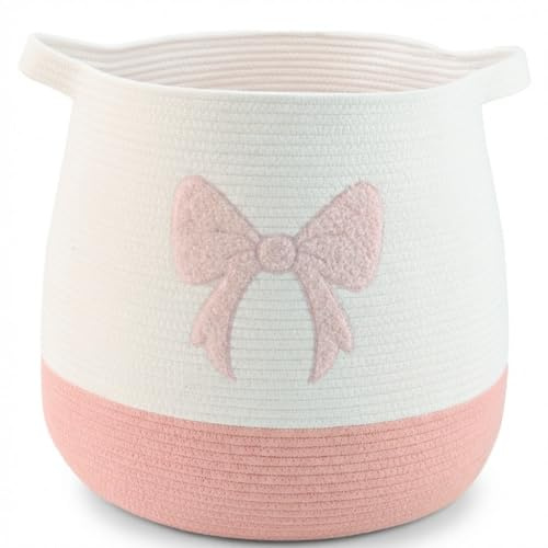 Lauatiiu Großer Korb aus Baumwollseil, gewebter Aufbewahrungskorb für Spielzeug, Wäsche- und Decken-Organizer, runder Geschenkkorb mit Griffen für Kinderzimmer D45 x H43 CM (Rosa Schleife, big)