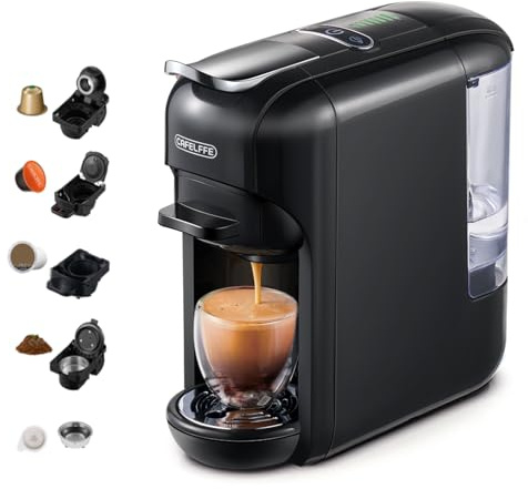 CAFELFFE MK-606 5-i-1 kapselespressomaskin, 19 bar, kompatibel med K-Cup/Nes Original/DG/44 mm ESE och malet kaffe, 7 vattennivåer, för hem/kontor, svart