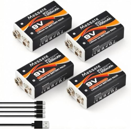 Massate 4 Batterie Ricaricabili 9V 1300mAh, Ioni di Litio con Cavo USB-C 4-in-1, Batteria 9 Volt di Lunga Durata per Rilevatore di Fumo, Pedali per Chitarra e Microfono