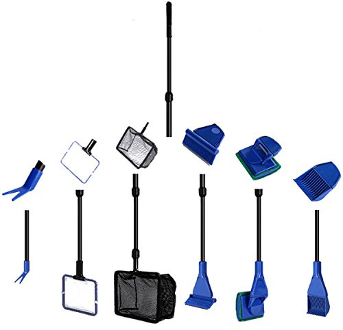 Aquarium Cleaning Tool Set, Fish Tank Cleaning 6-in-1 Set with Nets, Sponge Brush, Plant Fork, Scraper, Rake