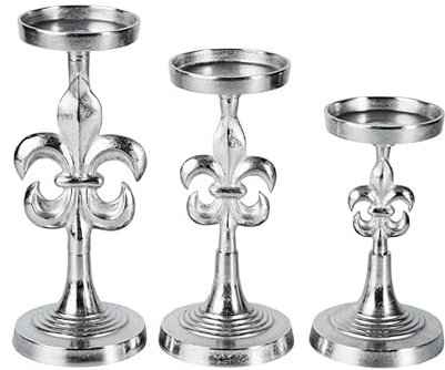 3er Set Kerzenständer Lilie Kerzenhalter Aluminium Silber Deko - Kerzenleuchter Modern für Stumpenkerzen - Tischdeko Hochzeit - Dekoration Wohnzimmer - H 23 cm / 28 cm / 32 cm