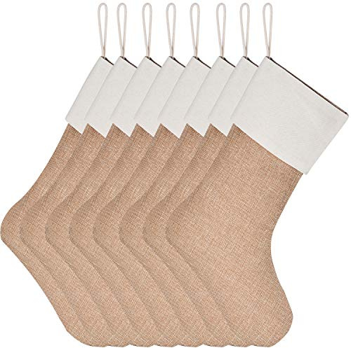 Sunshane 8er Set Weihnachsstrumpf Sackleinen Kamin Weihnachtssocken zum Befüllen & Aufhängen für Weihnachtsdeko Oder DIY, Flachs