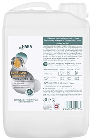 HAKA Funktionstextilienwaschmittel, 100 WL, für Outdoor-, Sport- und Funktionskleidung, erhält Atmungsaktivität & Membranfunktion, 3l