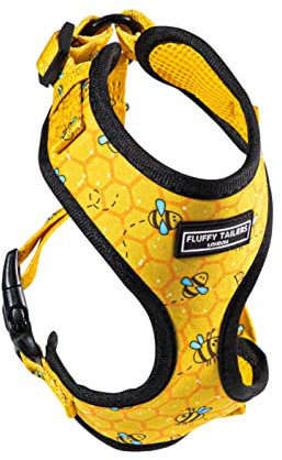 Fluffy Tailers Bee Pattern Yellow Dog Harness No Pull Adjustable Puppy Cat Honeycomb Design Vest Harness Small Dog Breathable Soft Padded Pet Chest Strap (Extra Extra small)