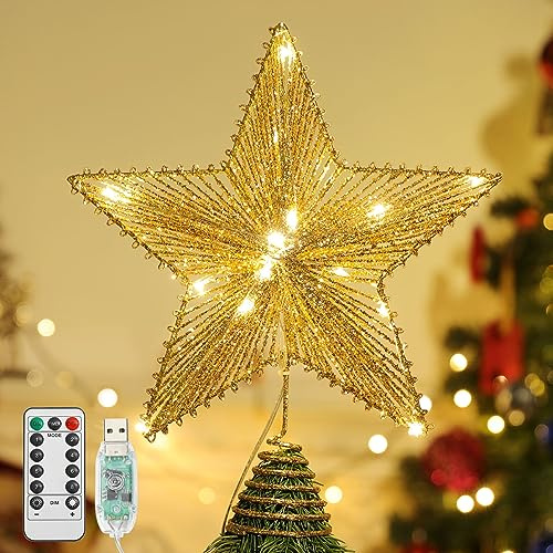 Lewondr Christmas Star Tree Topper, Battery Powered Christmas Tree Star Topper Light with Sequins, Light Up Christmas Tree Top Star for Xmas Tree Christmas Decoration, Illuminating Gold