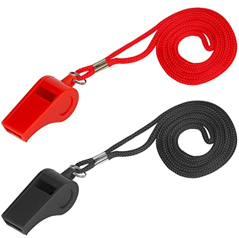 SAVITA 2 Pièces Sifflets Sport, Son Fort ABS Sifflet en Plastique avec Lanière Entraînement Survie Urgence Sports pour Arbitre Entraîneur Enseignant Dressage de Chien (Noir, Rouge)
