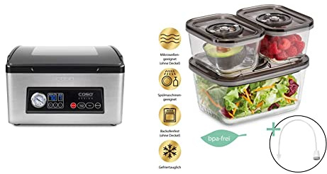 Caso 1418 VacuChef 70 - Kammervakuumierer aus Edelstahl, starke Vakuumpumpe 70 Liter/Minute, doppelte Schweißnaht, einstellbare Vakuum- und Schweißzeit & VacuBoxx Eco-Set, 3 stapelbare
