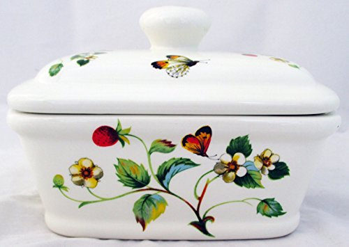 Beurrier en porcelaine fine avec couvercle décoré à la main au Royaume-Uni Motif fraises et papillons