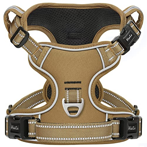 HEELE Hundegeschirr für Grosse Hunde, Freigabe am Hals, Vorderseite Rückseite Clips Hundegeschirr Einstellbar Reflektierend Anti Zug Hundegeschirr mit Gepolstert Grifff, Khaki, XL | Brustgeschirre für Hunde Anti Zug, Ohne Kopfdurchzug, Halsverschluss mit Sicherung, D-Ringe, Weich Gepolstert Reflektierend