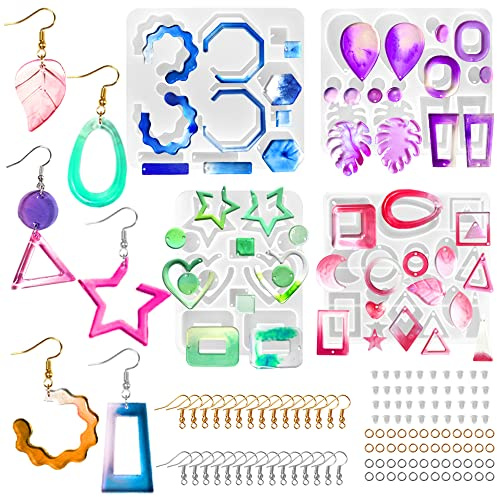 SENHAI - 4 moldes de resina para pendientes, varios estilos de silicona, con ganchos para las orejas, lazos abiertos y tapones transparentes para los oídos, para hacer pendientes, colgantes, joyas