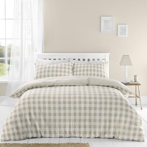 Catherine Lansfield Seersucker Gingham Check Reversible Double Duvet Cover Set with Pillowcases Natural