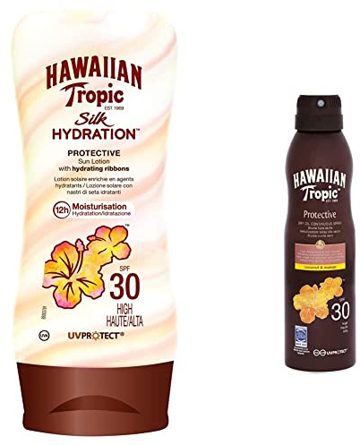 Hawaiian Tropic - Lotion Solaire Hydratante - Silk Hydration - SPF30, 180 ml & Brume Huile Solaire SPF30 180 ml