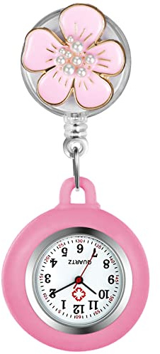 Avaner Schwesternuhren mit Clip Pulsuhr Krankenschwester Uhr Modische Dreidimensionale Blütenblatt Perle Dekoration Dehnbare Arbeitsuhr Taschenuhr für Krankenschwestern Ärzte