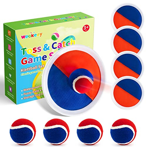 Weokeey Juego de Pelota para Niños, Juego de Bolas de Atrapar con Paletas & Pelotas Juegos de Exterior para Niños Impermeable Pelotas de Playa para Patio, Jardín, Interior & Exterior