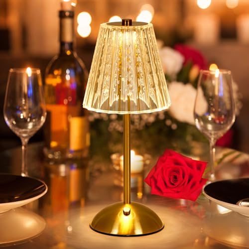 Kristall Tischlampe Kabellos, LED Akku Tischleuchte Dimmbar 3 Farben Touch Lampe , Romantisch Atmosphäre Nachttischlampe, USB Aufladbar Nachtlicht für Wohnzimmer Schlafzimmer Garten Gaststätte Bar