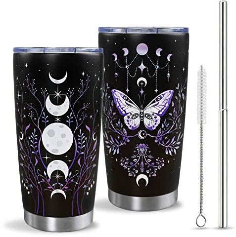 Gothic Butterfly Tumbler with Lid and Straw, Moon Phase Witch Cup Water Bottle Coffee Travel Mug Stainless Steel Vacuum Insulated 20oz (591ml) Tumblers Black Purple, Goth Halloween Witchy Gifts for