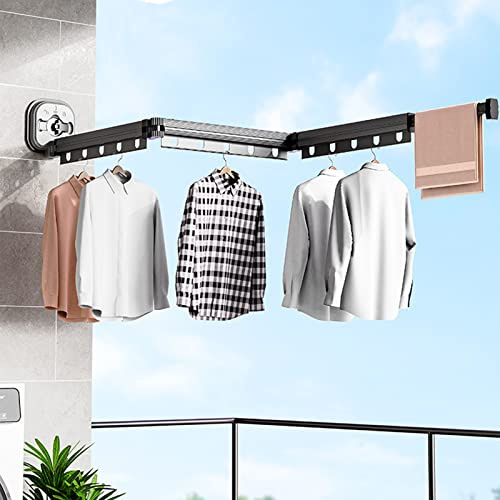 Séchoir à linge, rétractable, support à vêtements mural avec ventouse, escamotable pliable, tringle à vêtements avec crochets et porte-serviettes pour balcon, linge, salle de bain, chambre (gris foncé