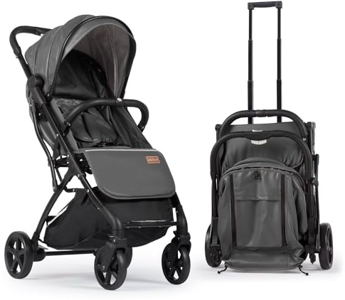 Baby Pushchair Stroller– Lightweight Foldable Travel Buggy with 5-Point Harness, Adjustable Seat Back and Oversize Basket Folds with 1 Hand – Smooth Swivel Wheels Rain Cover (Grey Leather)