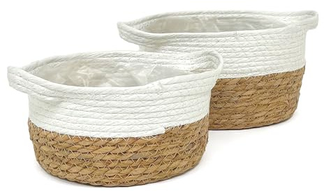 Set 2pcs, Cesti in Paglia Naturale e Corda, Vasi per Fiori, Piante, Intrecciato, Vimini, Cestini, per Interno ed esterno al coperto, Decorazione Casa, Accessori per Riporre (Tondo)