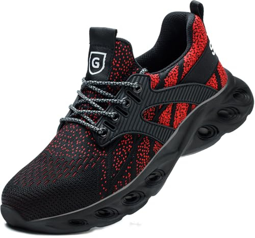 Safety Trainers Lightweight Safety Shoes with Steel Toe Cap for Men Women Comfortable Safety Boots Work Shoes Construction Industrial Sneakers Kitchen Shoes Black Red 5 UK