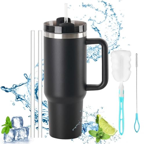 Thermobecher mit Strohhalm und Henkel 1200ml,Doppelwandiger Edelstahl Vakuum Isolierbecher 40oz,Tragbare Autobecher,Becher Tumbler,Isolierbecher mit strohhalm,Thermobecher mit griff (Schwarz)