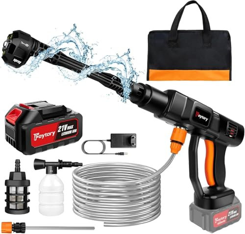 Idropulitrice a batteria,45bar 652PSI Idropulitrice Elettrica portatile, con Ugelli 6 in 1, 5m Tubo, 3000mAh Batterie e Caricabatteria per Lavaggio, Auto, Giardino, Terrazza, Prato e Annaffiare Fiori