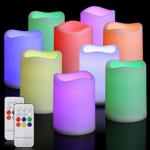 yunsheng 9 Stück Flammenlose RGB LED Kerzen mit Fernbedienung TimerFunktion, 2AA Batteriebetriebene Multicolor Kerzen Flackernde Flamme(7.5 x 10cm), Wasserdichte Kerze, In/Outdoor Heimdekoration