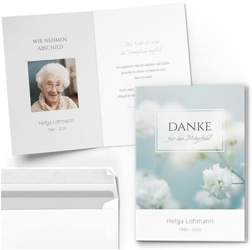 10 personalisierte Trauer Danksagungen Dankeskarten mit eigenem Text und Foto | Individuell anpassbare Trauerkarten mit Briefumschlägen | Danke für das Mitgefühl zarte Blüten dezent edel