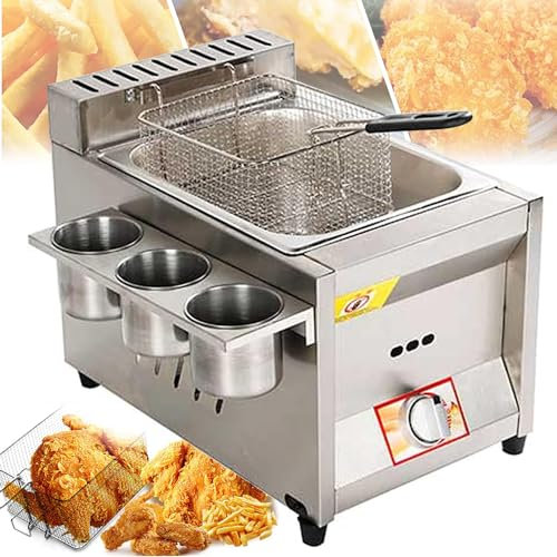 Qiang Deep Fryer with Temperature Control,Countertop Lpg Gas Deep Fat Fryer with Removable Baskets and Lid Stainless Steel Large Capacity Propane Lpg,for Commercial and Home Use,8L