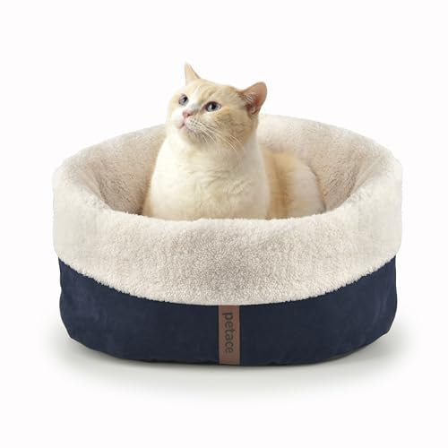 Petace Self Warming Cat Bed, 17.7 x 13.7 Anti-Slip Soft Round Thermal Pet Cushion Bed for Kittens, Cats, Puppies and Small Dogs, Blue