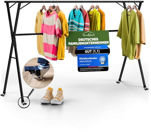 HeimGlück Kleiderständer/Wäscheständer + Tasche & Rollen Ben schwarz [Ausziehbar 1.30-2.0m, klappbar, sehr Stabil Edelstahl] Jackenständer, Garderoben-Ständer, Flurgarderobe, offener Kleiderschrank