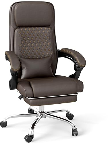 LXRADEO Bürostuhl,großer Chefsessel mit hoher Rückenlehne aus PU-Leder,Computerstuhl mit Fußstütze, 135° neigbare Rückenlehne für das Home Office,leise Rollen,höhenverstellbar mit Lendenstütze,Braun