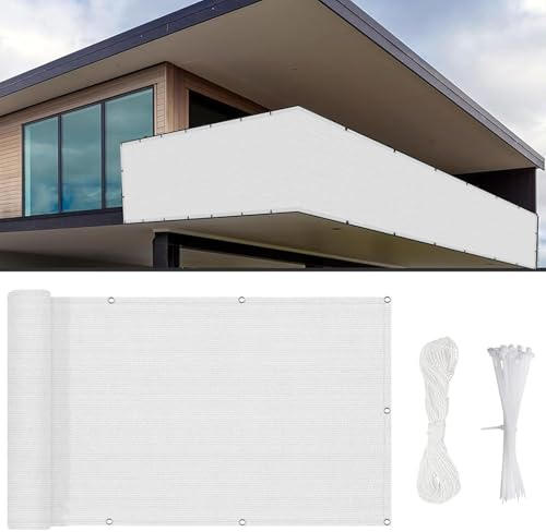 Balkon Sichtschutz mit Ösen 150 x 150 cm Windschutz Und Sonnenschutz, Balkon Sichtschutz Atmungsaktiv, mit Kabelbinder Und Kordel, für Camping Swimming Pool, Weiß