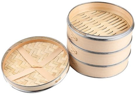 Panier vapeur en bambou avec anneaux en acier inoxydable 3 niveaux pour la cuisson des boulettes, des petits pains, des légumes et du poisson 21 cm