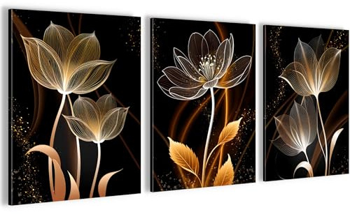 Novart Wandbilder Set Blumen Abstrakt - KOMPLETT AUFHÄNGFERTIG - Wohnzimmer Schlafzimmer Flur Deko - 3 Moderne Bilder Schwarz Gold - N037235a