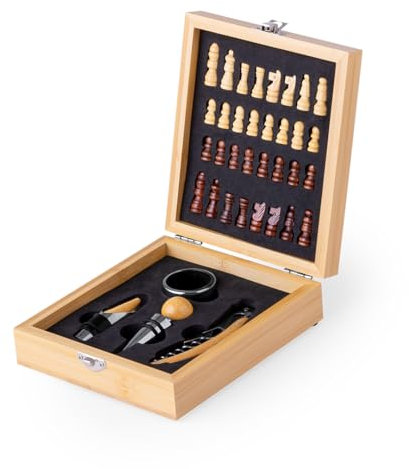 Generico Set da Vino con Scacchiera in bambù – Astuccio Elegante con Accessori in Acciaio Inox e Gioco Scacchi Integrato – Idea Regalo Originale