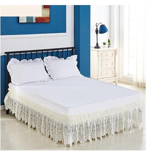 Bettumrandung Schöner Eleagnt-Jacquard-Craft-Bettrock mit stereoskopischer Spitze und Blumenrüschen und starkem elastischem Gürtel – 38,1 cm hoch(Beige-Samll floral,Queen 150x200x38cm)