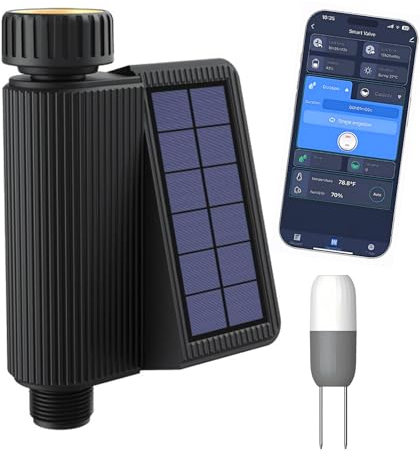 QFHUNCH Solar WiFi Sprinkler Timer Water Timer,Smart Hose Watering Timer,APP Remote Control Hose Timer with Soil Sensor,Built-in Flow Meter,Automatic Irrigation Controller System for Garden