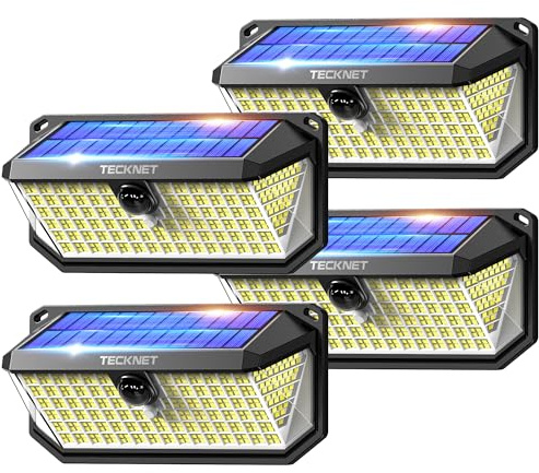 TECKNET Luz Solar Exterior, 4200lm 416 LED Focos Led Exterior Solares | Movimiento 300° Iluminacion 3 Modos IP66 Impermeable Focos Led Solares para Jardín, Garaje, Patio, 4 Paquete
